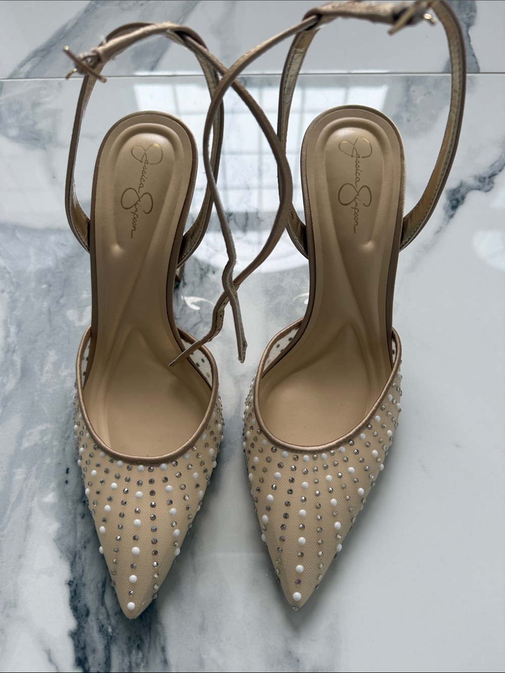 Jessica Simpson Pearl & Crystal Nude Pointed-Toe Ankle-Tie Heels size 7 new